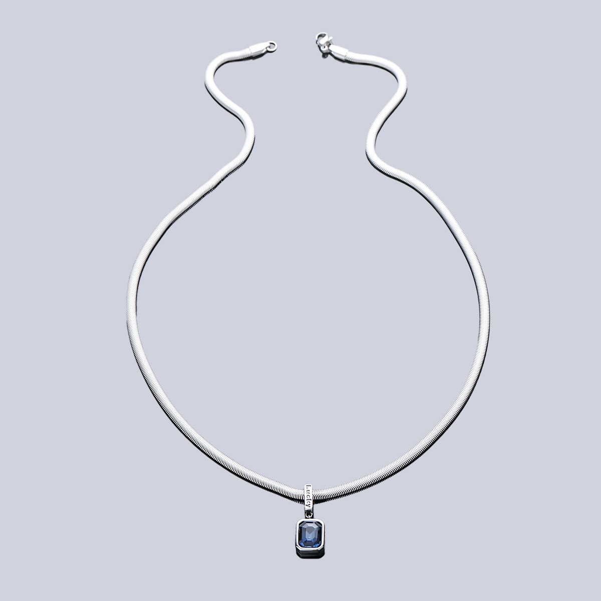 Titanium Steel Snake Chain Pendant Necklace Lucky Square Blue Cubic Zirconia
