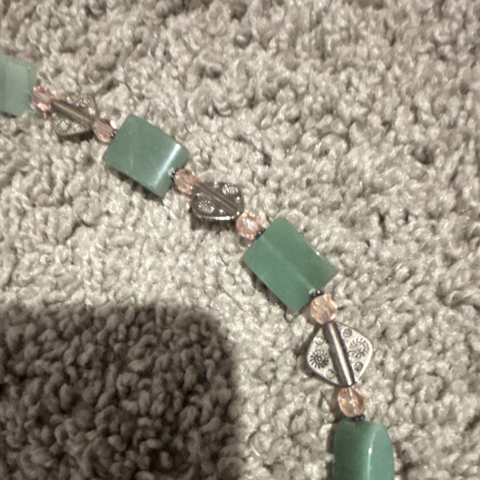Green Rectangular Stone Beaded Silver-Tone Link Necklace, Crystal Accents
