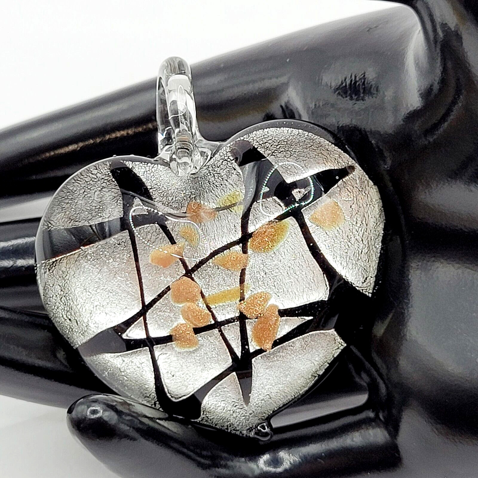 Artisan Modern Art Glass Heart Pendant Silver Black Gold Color Foiled Glitter
