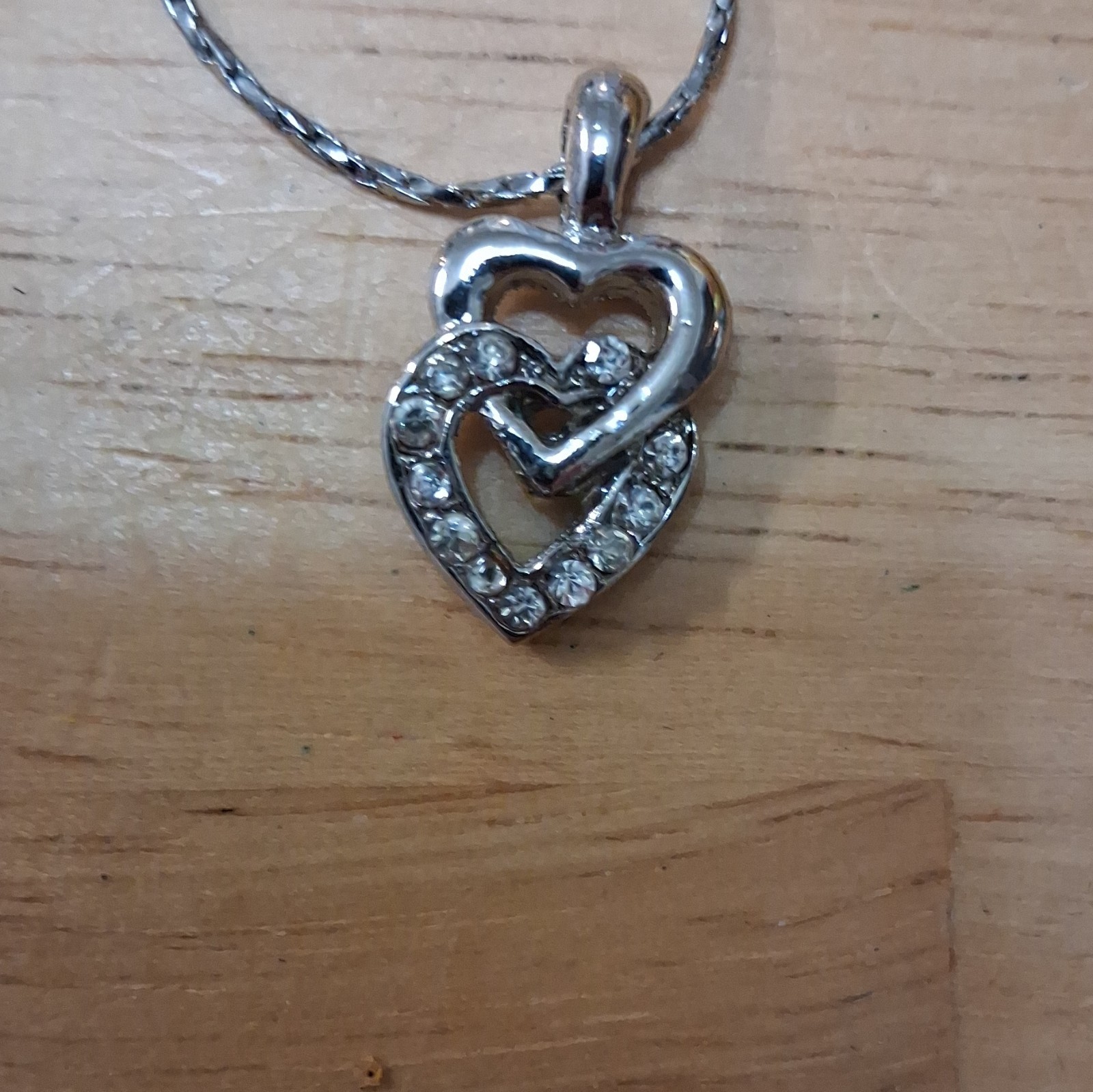Silver Tone Snake Chain Necklace Double Heart Charm Pendant Clear Pavé Stones