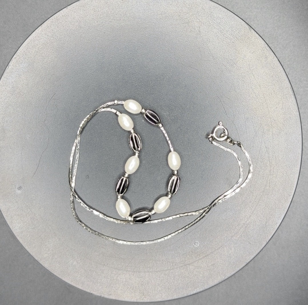 Silver tone Snake Chain White Pearl Station Necklace Spring Ring Signed