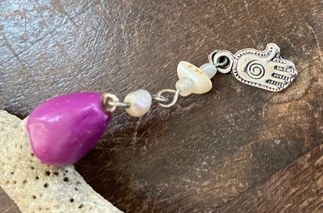 Handcrafted Coral Necklace with Purple Clay Accents and Spiritual Charms