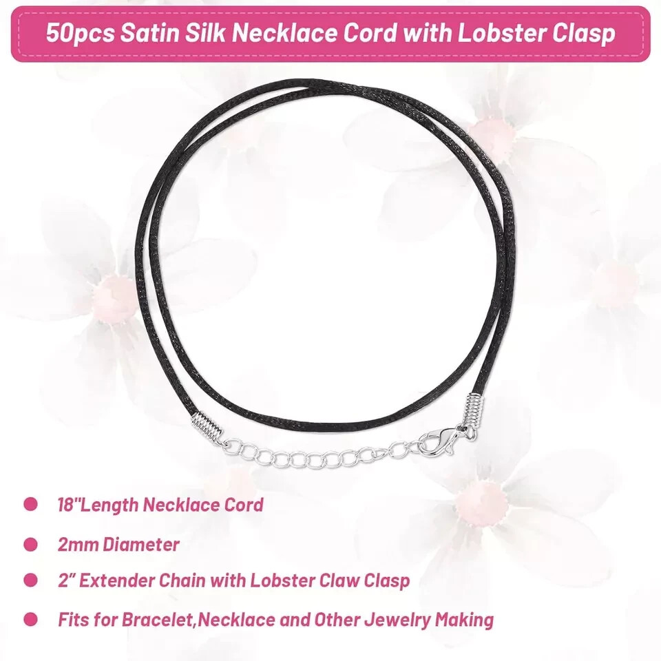 50Pcs Satin Silk Necklace Cord with Lobster Clasp and Extension Chain for Neckla