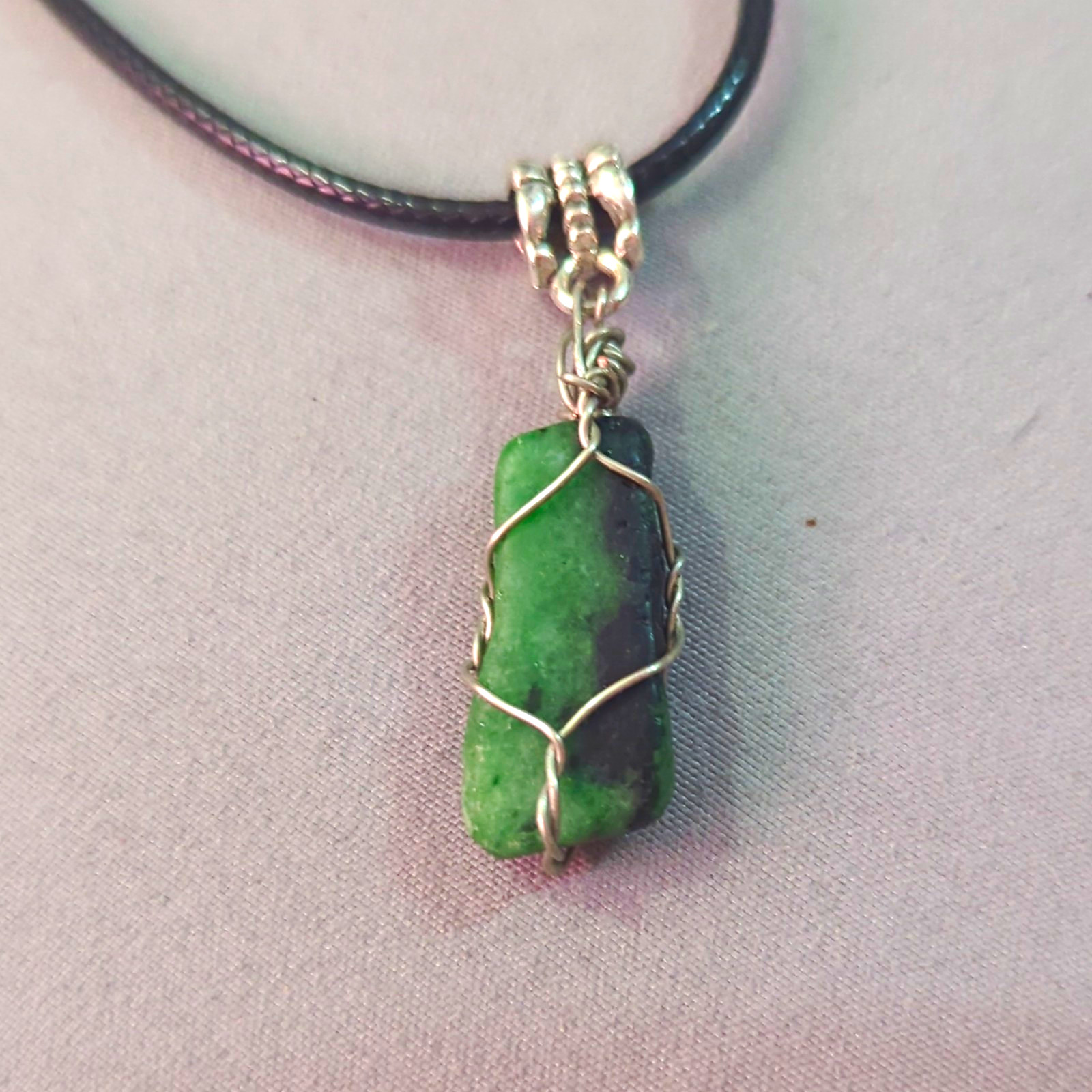 Wire Wrapped Tumbled Emerald Pendant Necklace