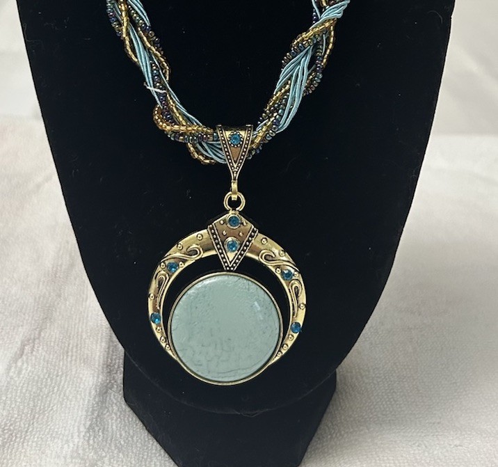 Boho Blue & Gold Tone Braided Chain Round Charm Pendant Necklace Lobster Adjust