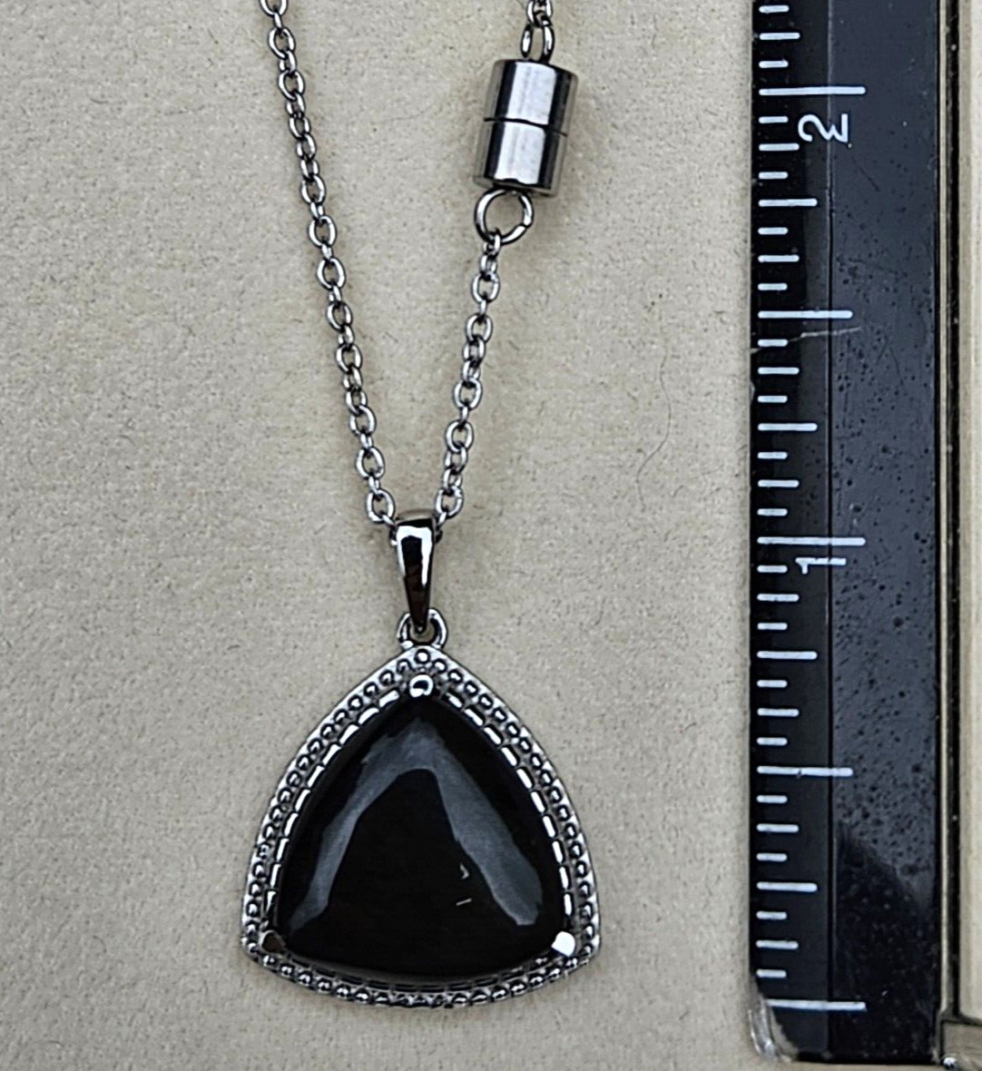 Natural Velvet Obsidian Trillion-Cut Pendant Necklace 20 In. in Stainless Steel