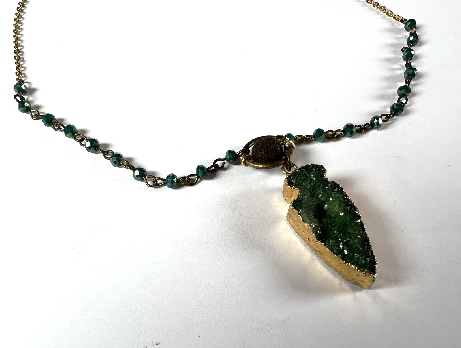 Green Druzy Arrowhead Shaped Pendant Necklace Lava Rock & Beaded Chain