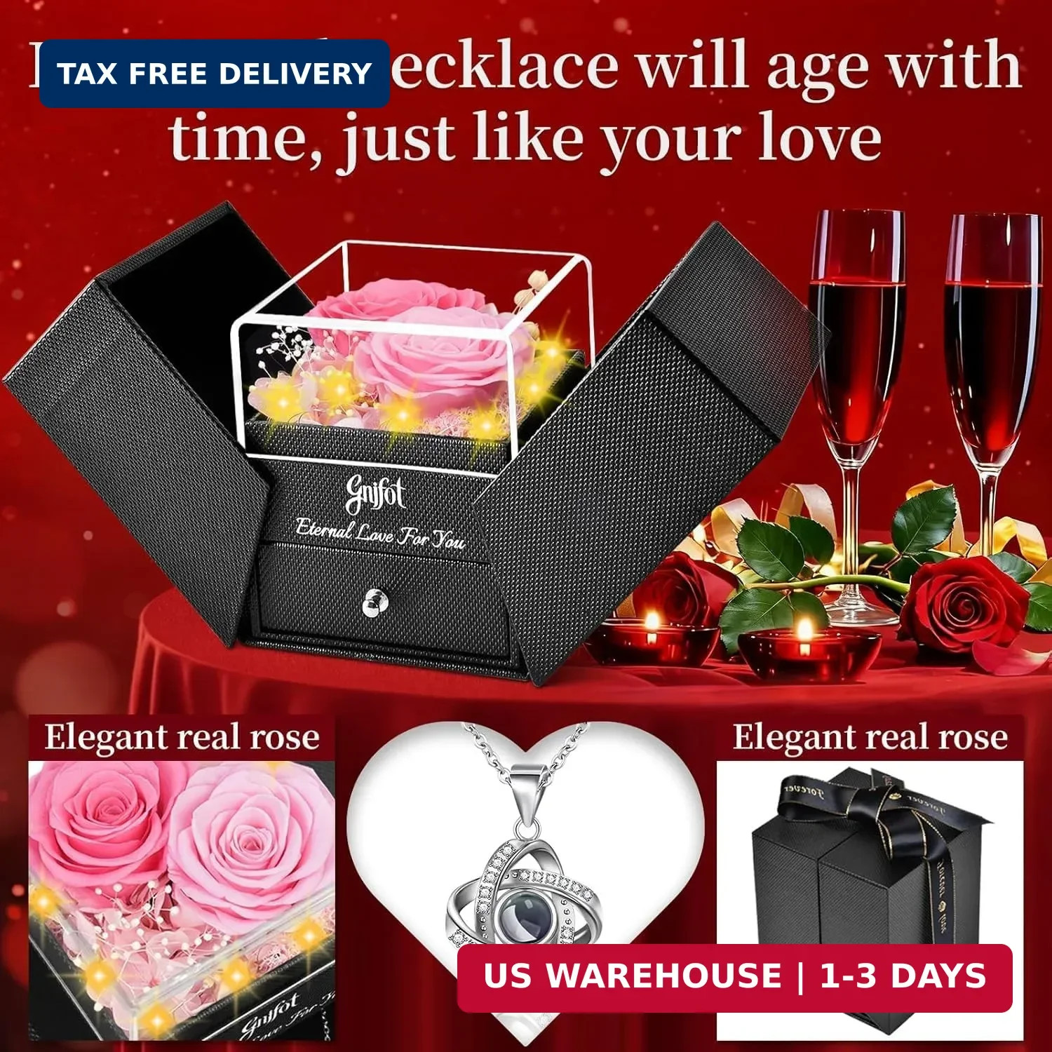 Preserved Pink Real Rose with I Love You in 100 Languages Necklace,Eternal Flowe