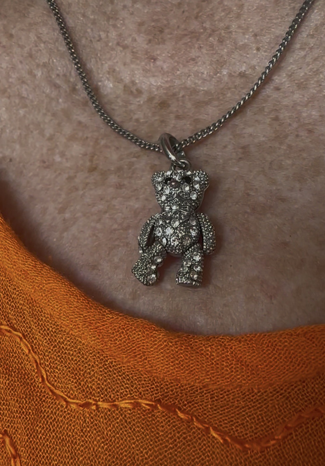 Vintage Style Articulated Rhinestone Teddy Bear Pendant Necklace Silver Tone