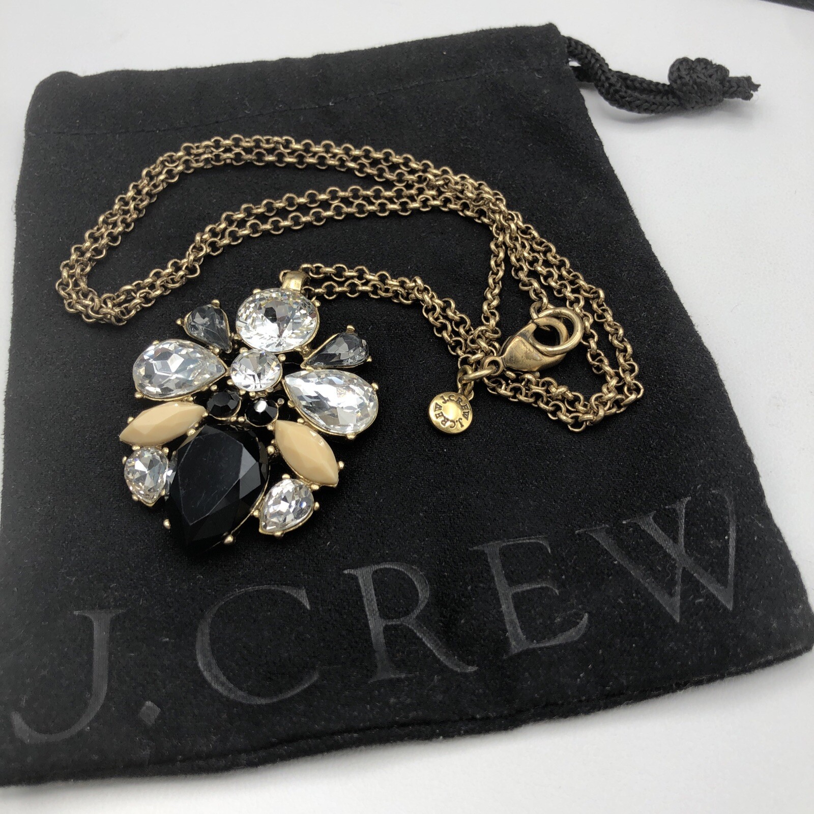 J CREW Pendant Necklace Neutral Crystals Black Clear Tan Antique Gold Tone w Bag