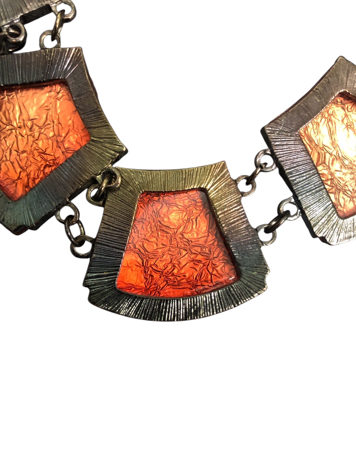 Vintage Handmade Red Geometric Statement Bib Necklace Black Tone Jewelry