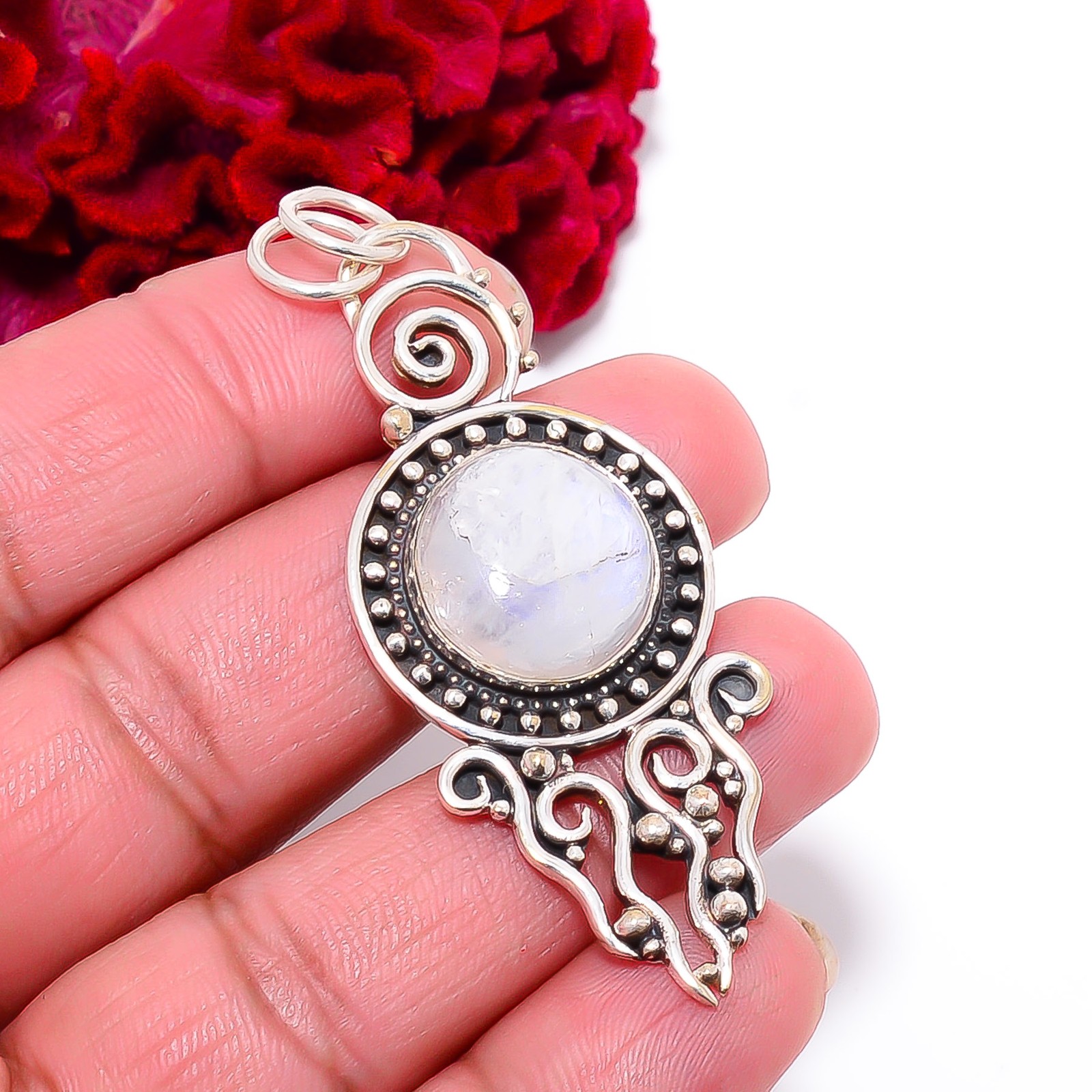 Rainbow Moonstone – India Designer Handmade 925 Sterling Silver Pendant 2.34″ P4