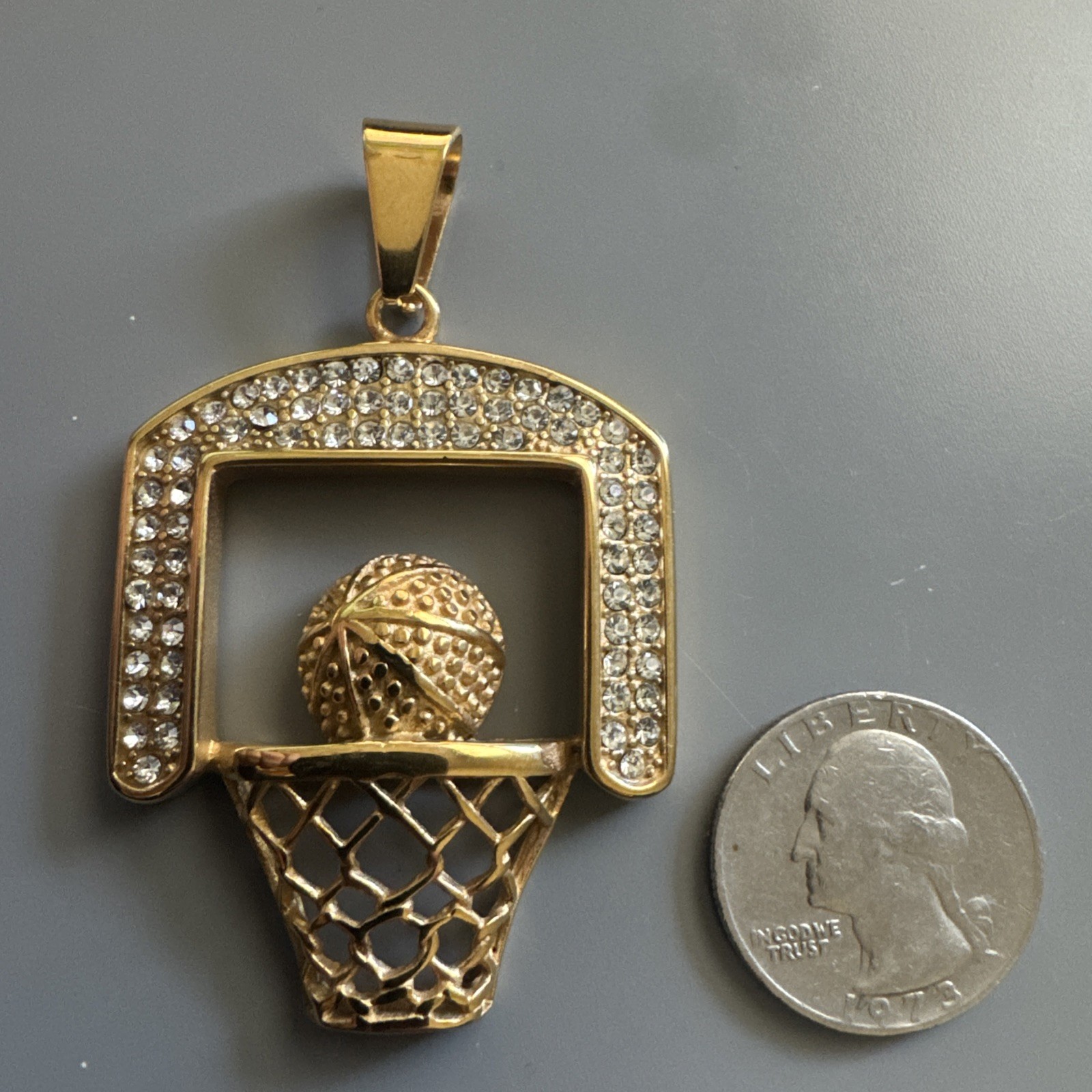Basketball Hoop Stainless Steel Pendant 24 Inch Chain Trophy Cubic Zirconia Gold