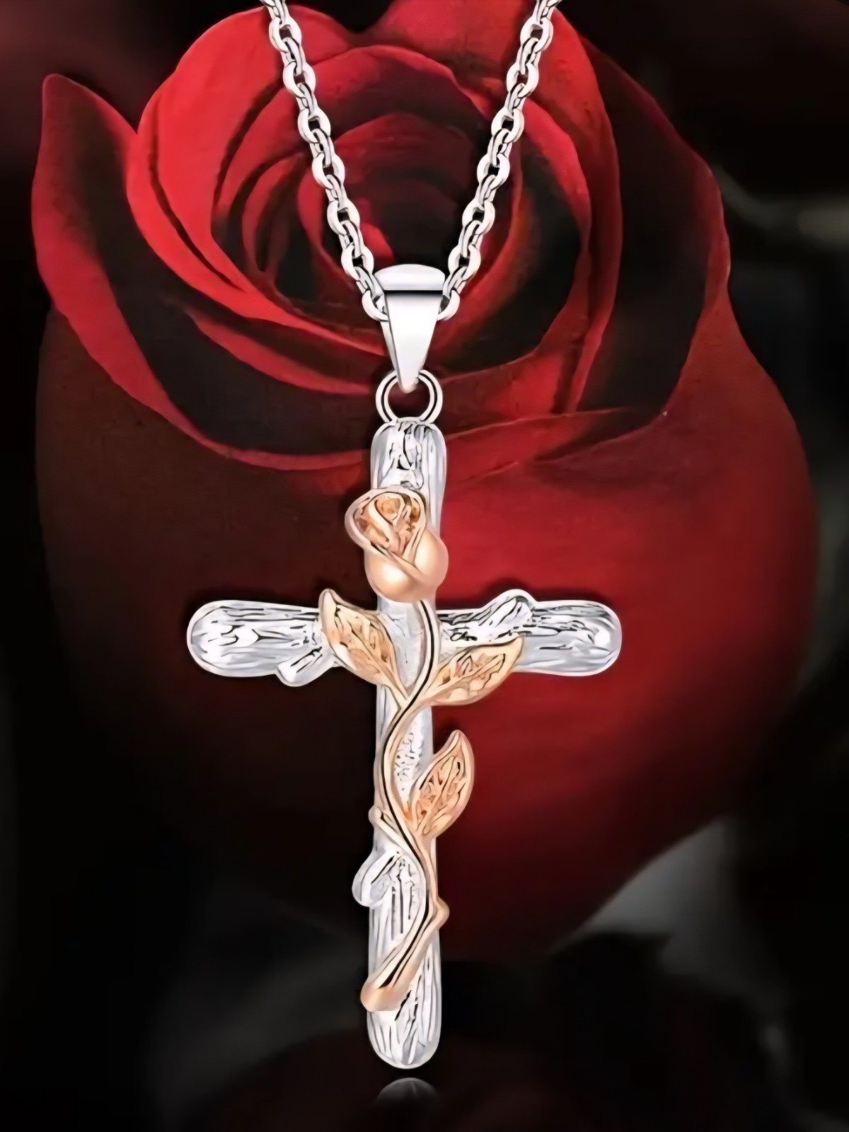 Fashion Rose Golden Floral Flower Cross Pendant Necklace Gift Women Silver Color