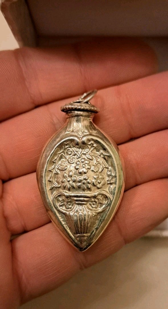 Antique Sterling Silver Perfume Bottle Necklace Floral Motif with Silver Chain