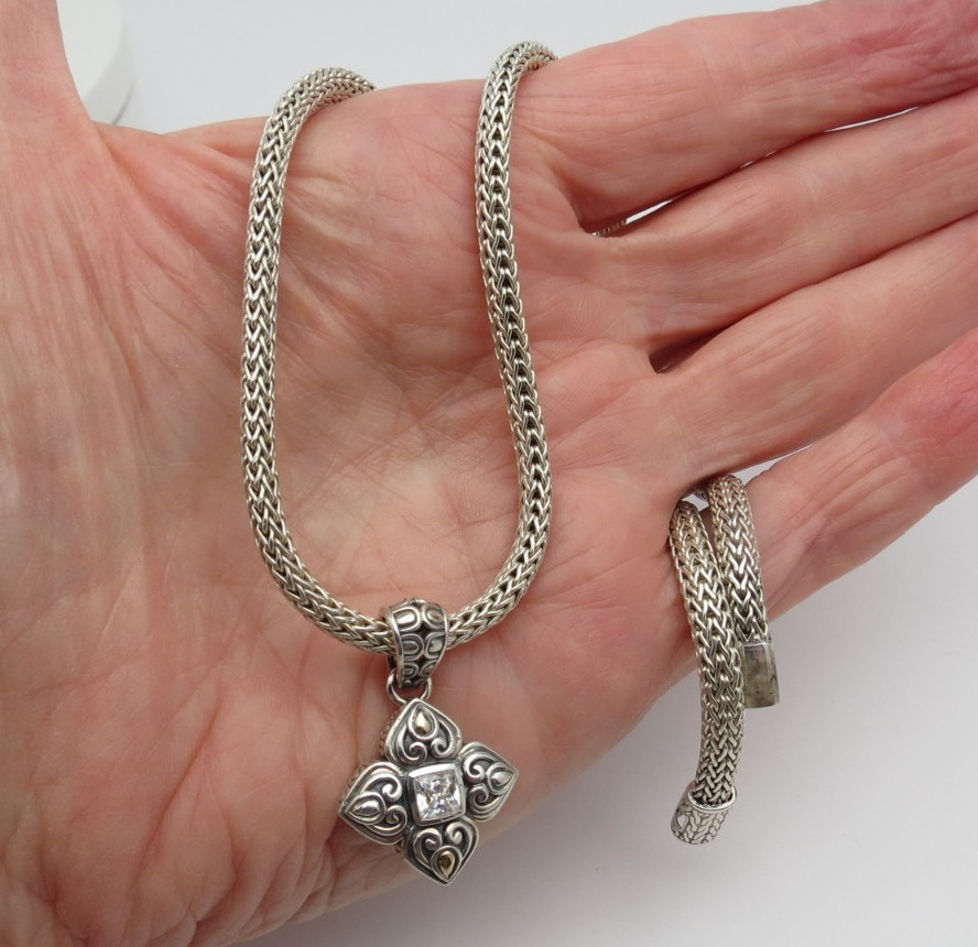 John Hardy Sterling Silver Classic Chain Necklace & CZ Cross Pendant 18