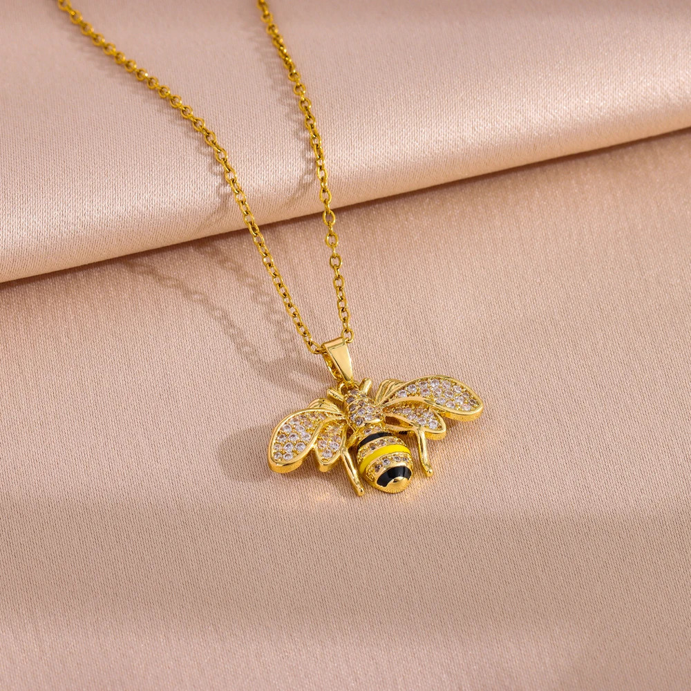 18K Gold Plated Zircon Crystal Bee Pendant Necklace Women Stainless Steel Chain