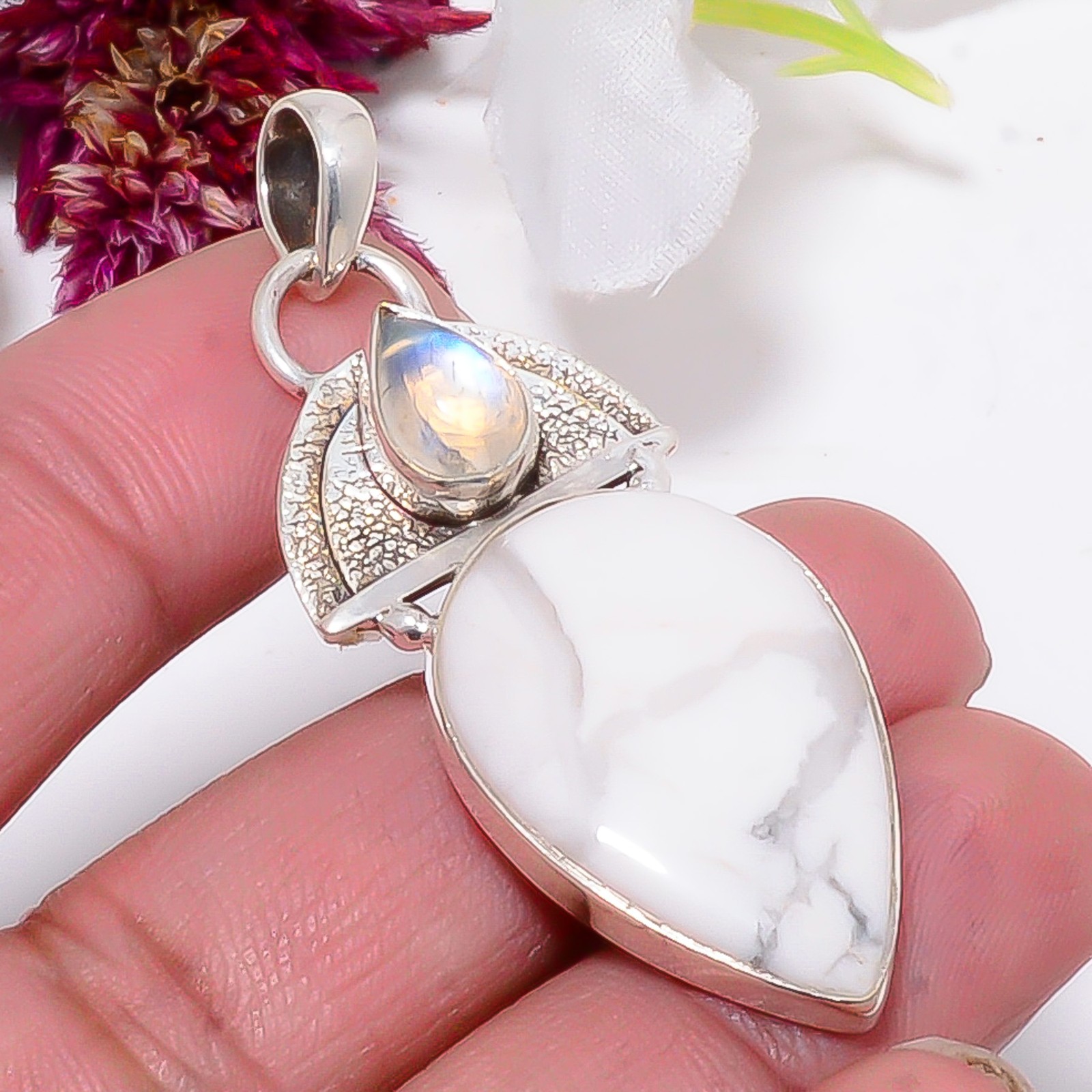 Natural White Howlite – United States, Moonstone 925 Silver Pendant 2.15″ Sku38