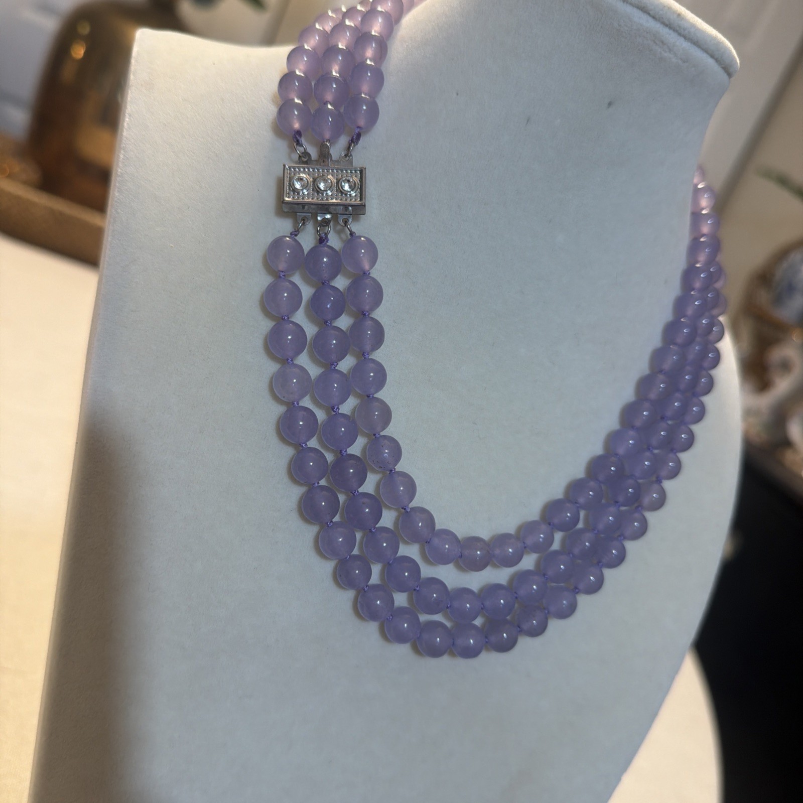 Vintage 3Row 8mm purple chalcedony jades necklace 17-19”