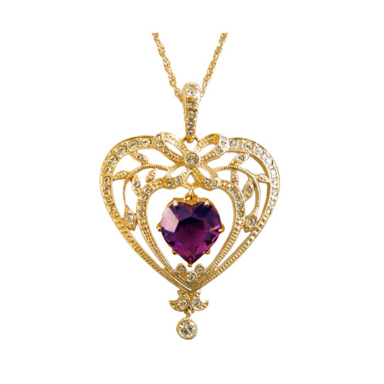February Birthstone Gold Plated Necklace Set With Heart Shaped Amethyst Crystal