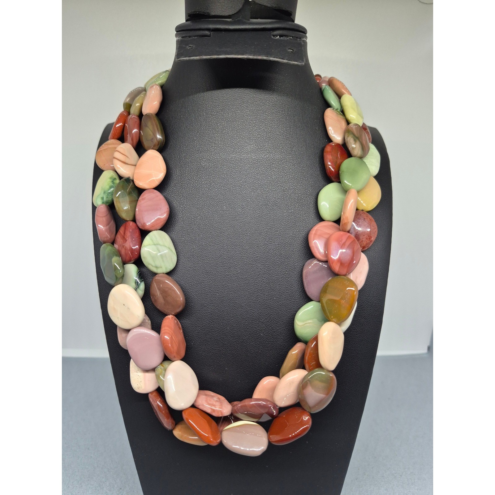 DB China 925 Jasper Necklace Multicolored Stone Triple Strand Statement