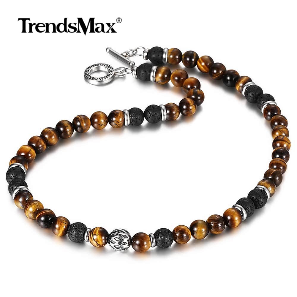 8MM 18″ Natural Yellow Tiger Eye’s Stone Lava Beaded Necklace Choker for Men Boy