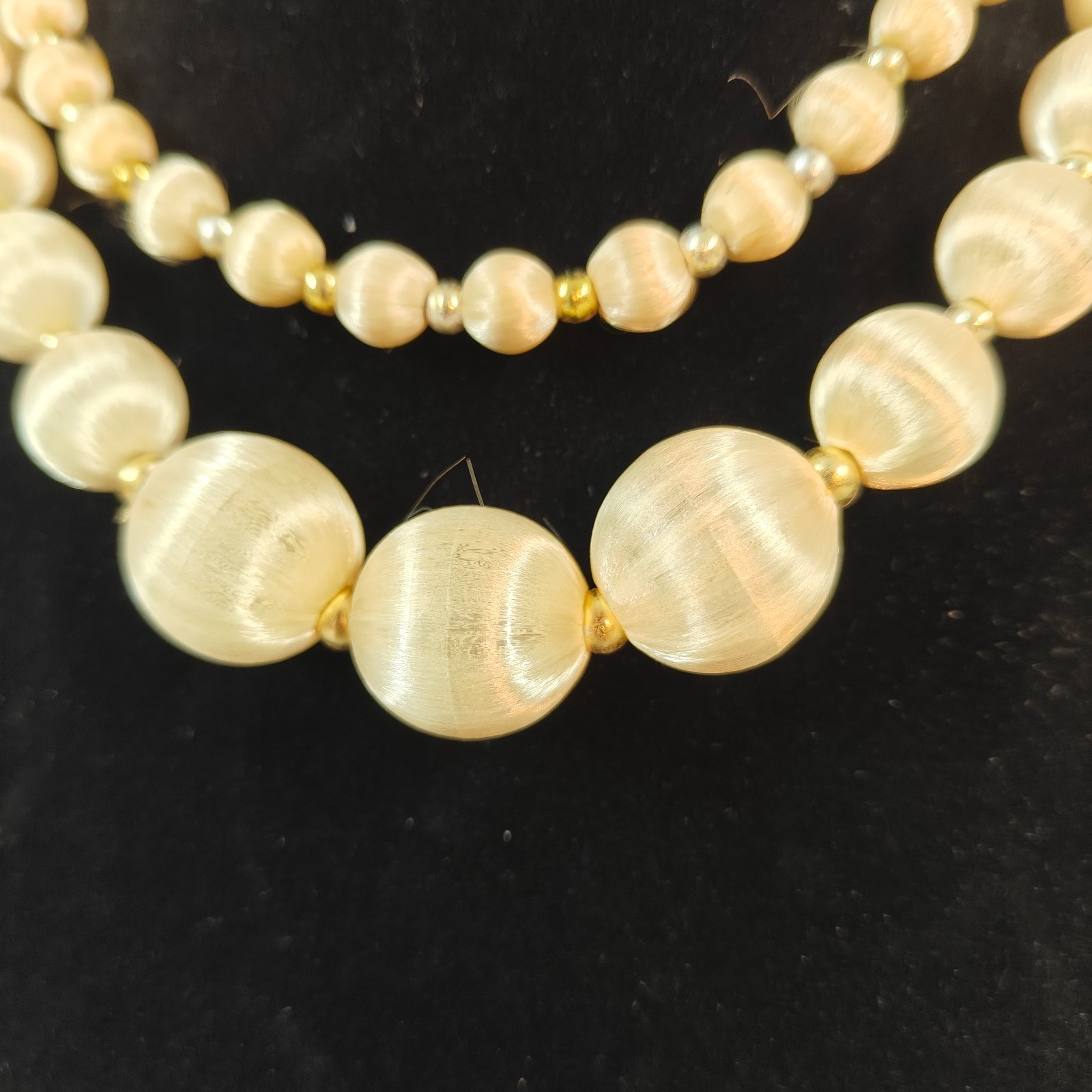 1950s Pale Champagne Satin Silk Wrapped Bead Necklace 30″ Strand Vintage Jewelry