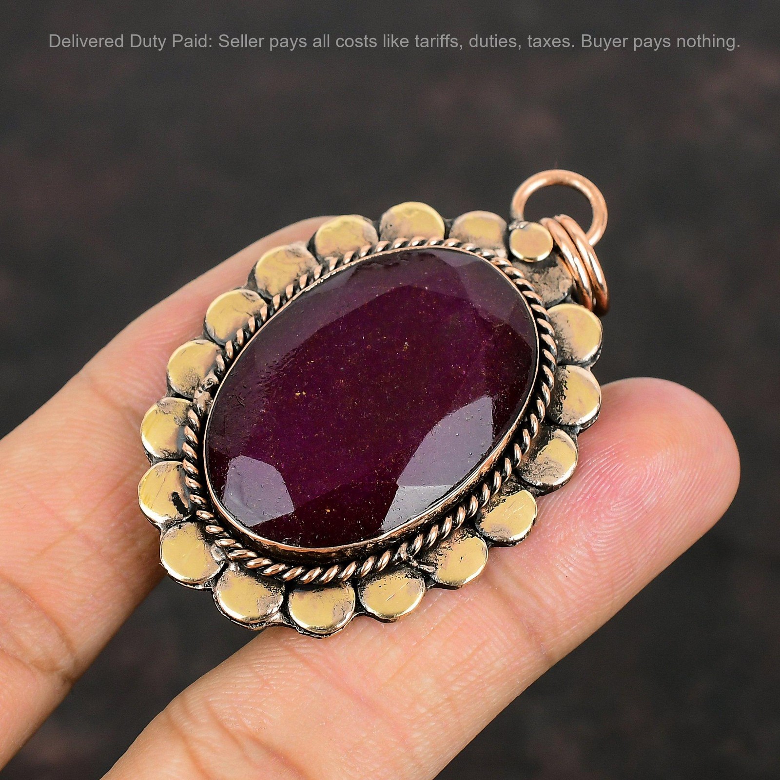 Oval Kashmir Rubi Stone Copper Bezel Anniversary Sister Wedding Trendy Pendant