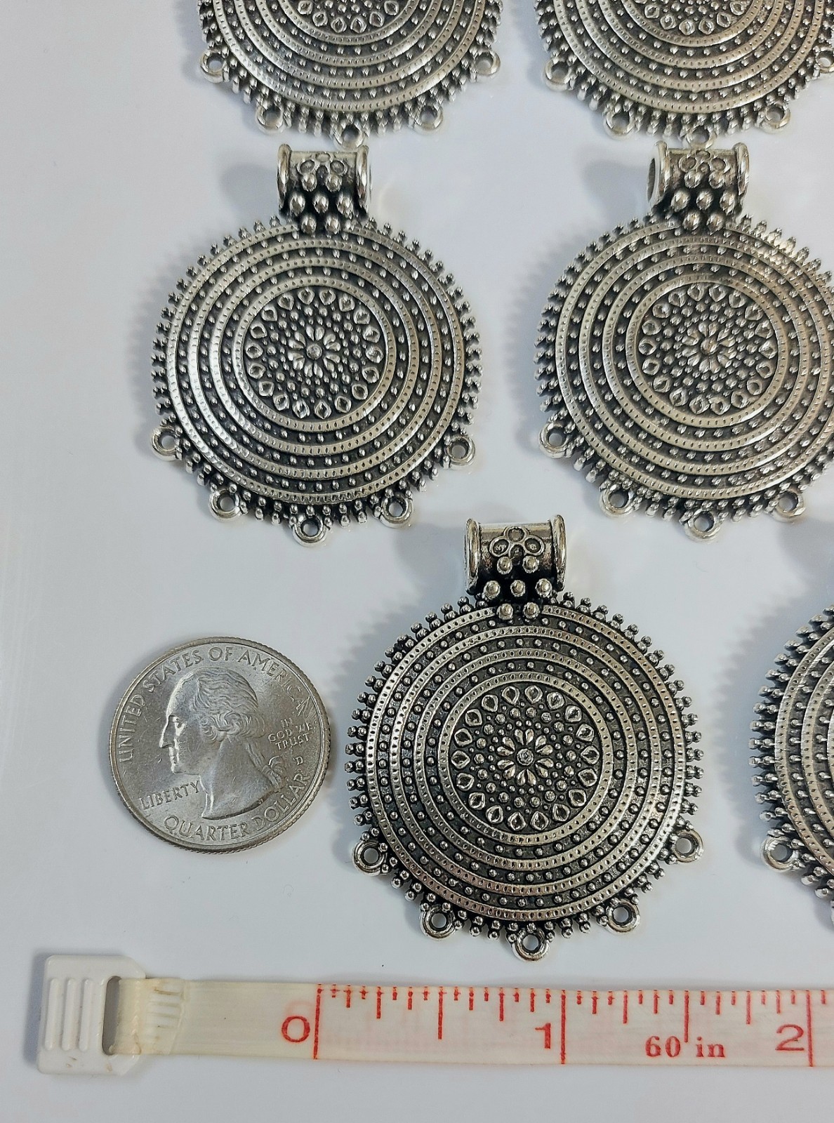 Boho Silver Tone Round Pendant Charms – Set of 8