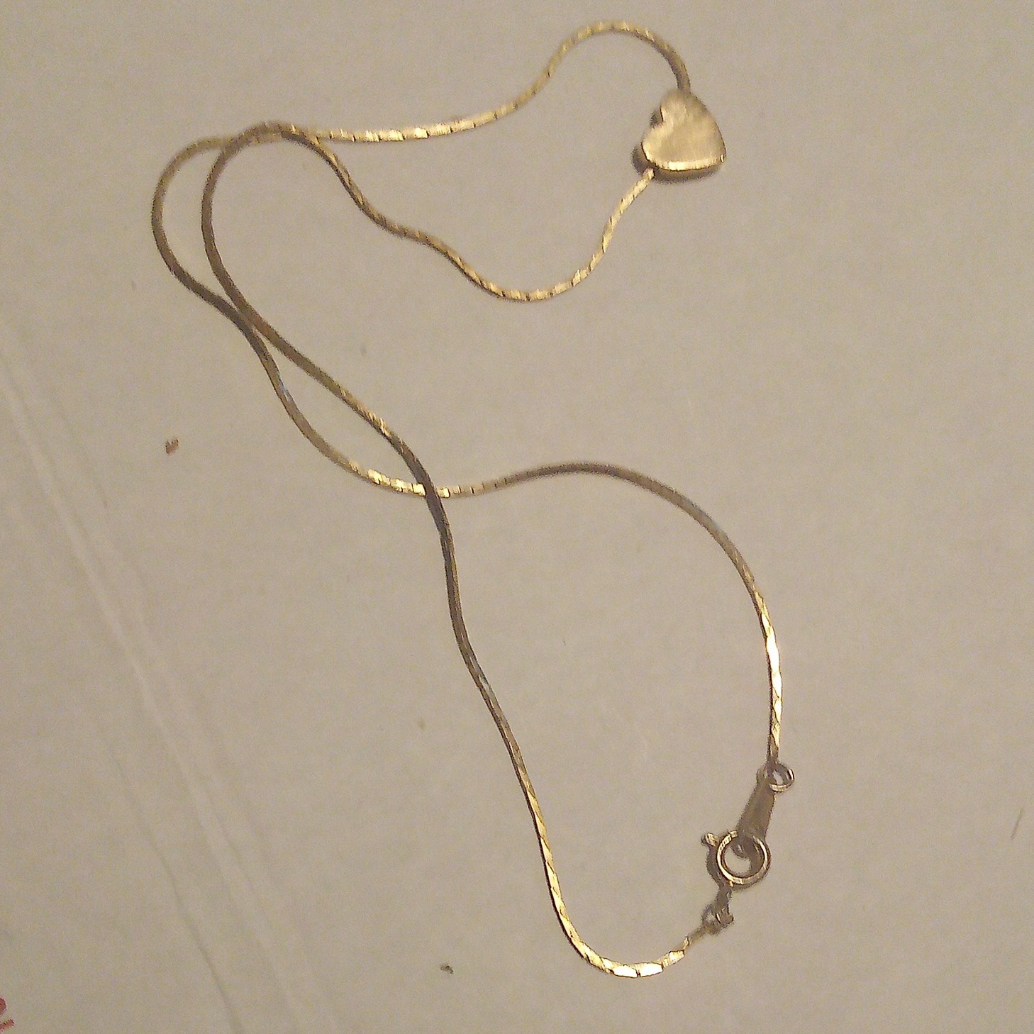 Gold Tone Herringbone Chain Necklace, Heart Charm Pendant, No Stone, Spring