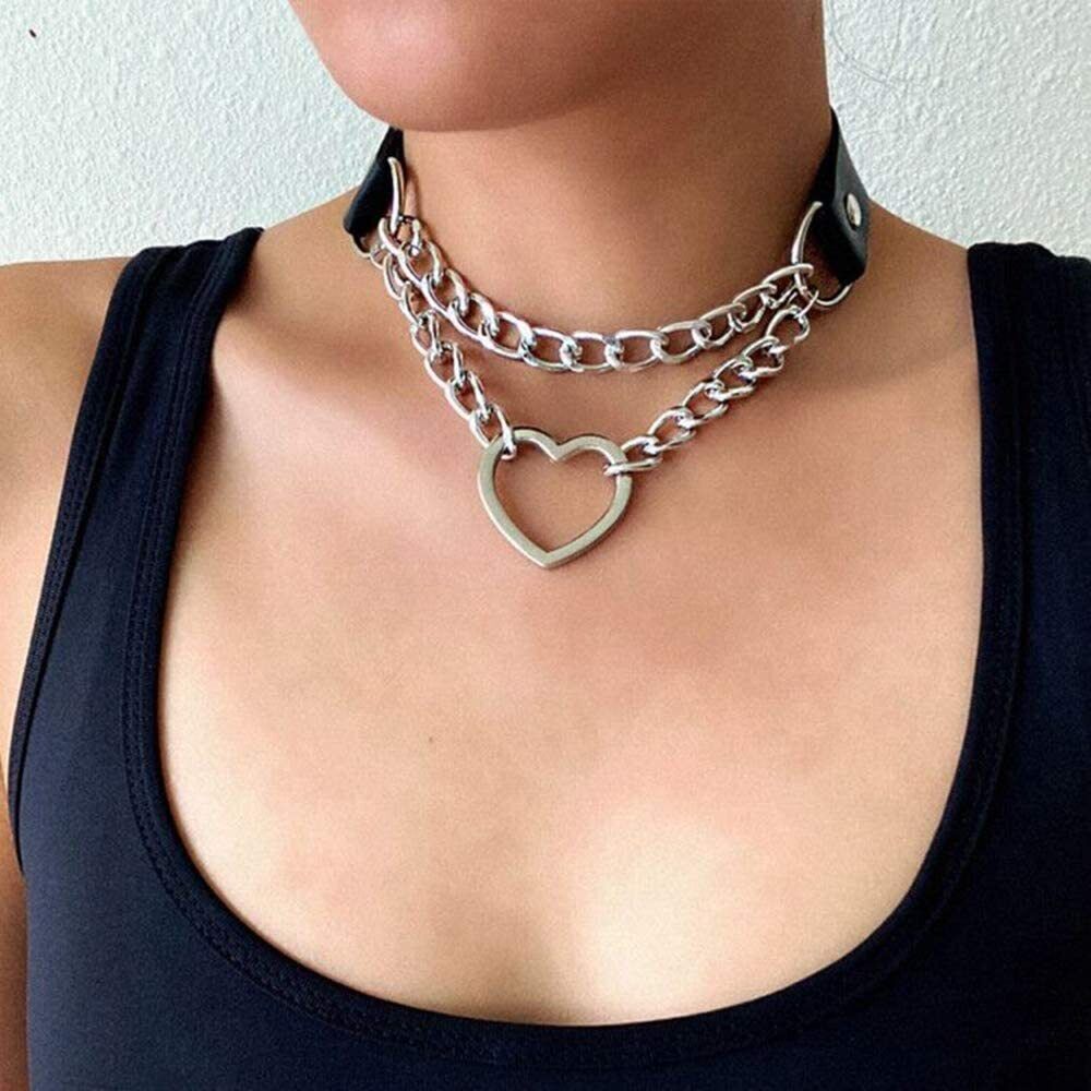 PU Leather Choker Necklace Adjustable Heart Chain Neck Collar Gothic Punk Gift