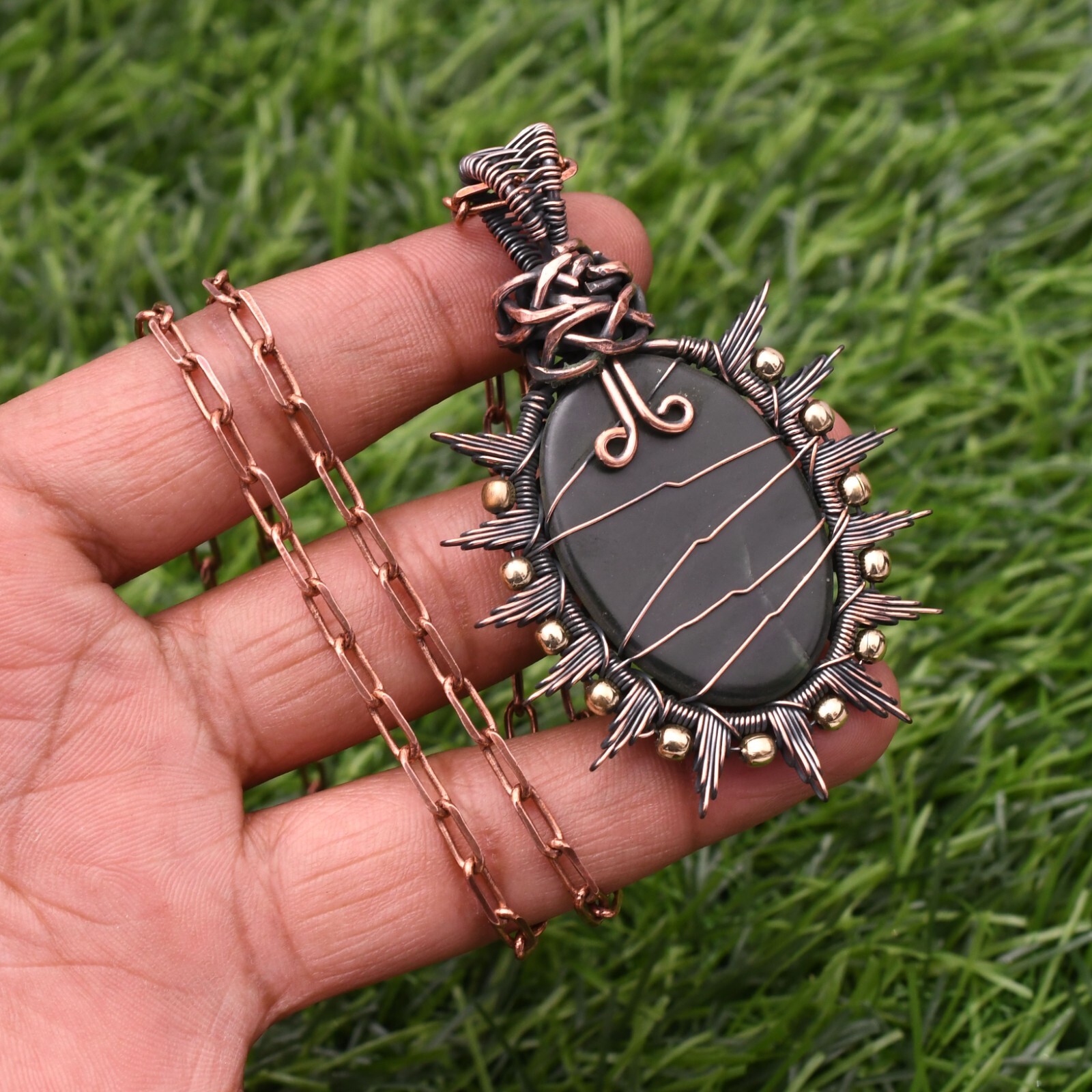 Serpentine Gemstone Copper Wire Wrap Handmade Jewelry Pendant 2.28″