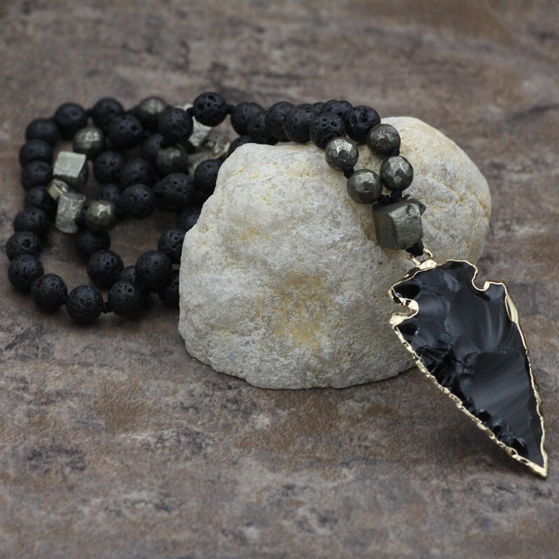 Lava Obsidian Mala Bead Healing Meditation Men Women Knotted Pendant Necklace