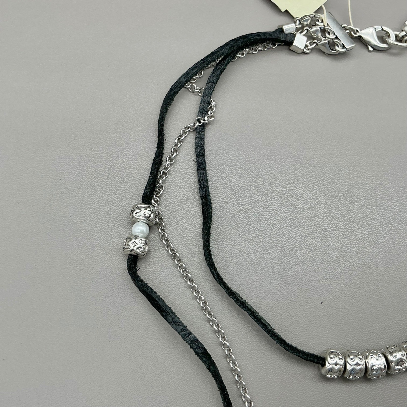 Lucky Brand Necklace Womens Silver Tone Layered Faux Leather Tassel 30 Inch