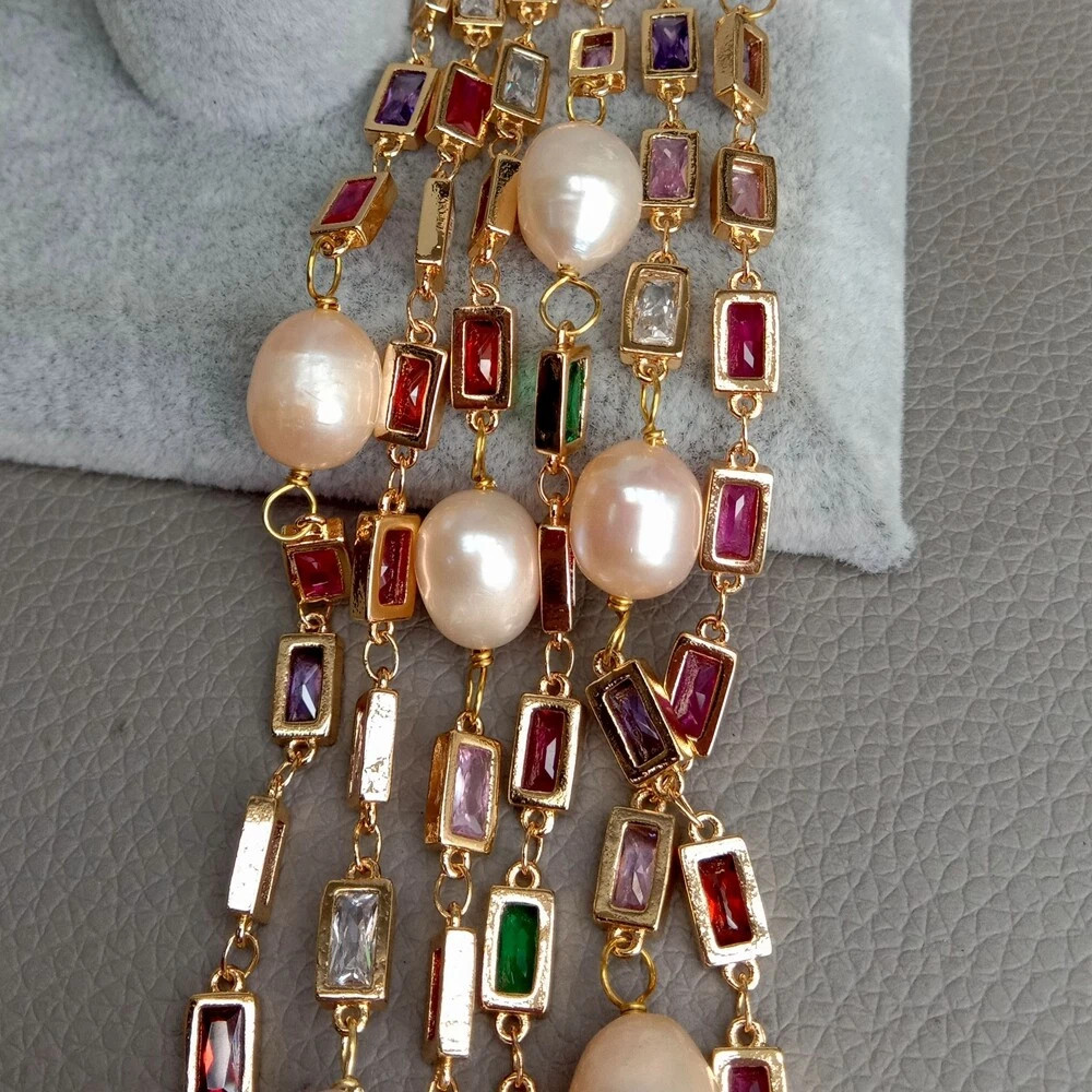 Cultured Pink Keshi Pearl Mixed Color Rectangle Cz Pave Long Chain Necklace 50″