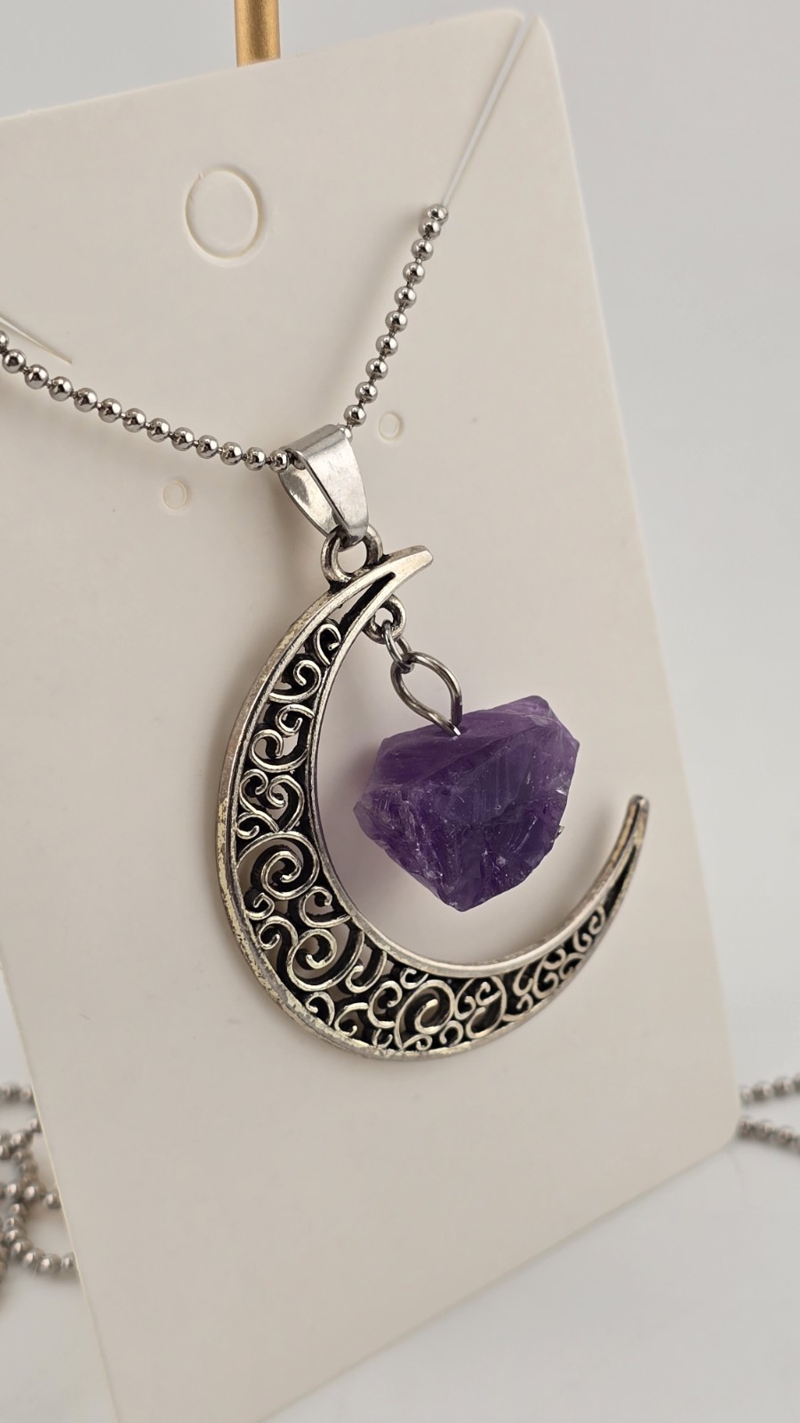 Crescent Moon Necklace with raw amethyst stone dangle, Silver Tone Crescent Moon