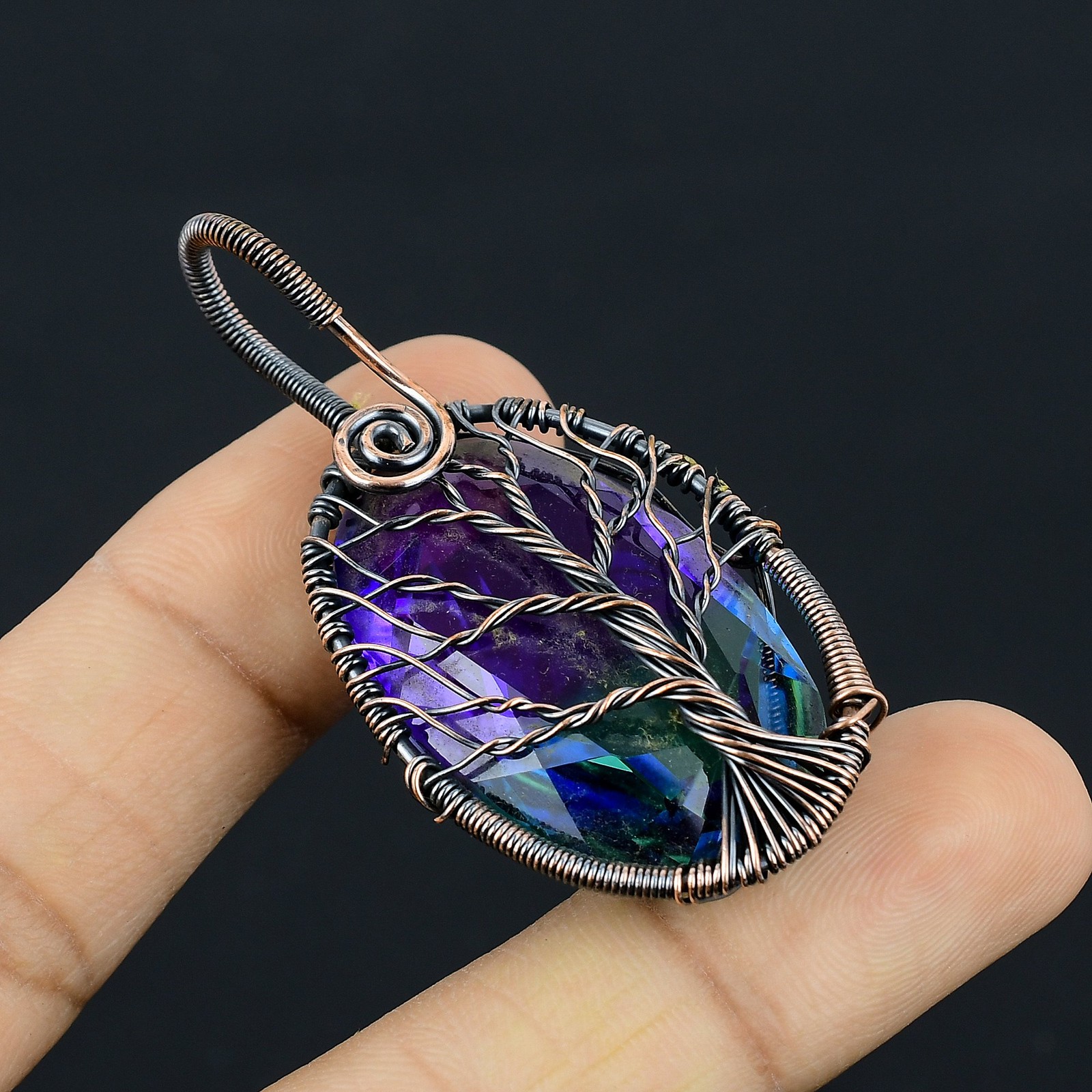 Bi Color Tourmaline Gemstone Copper Wire Wrap Jewely Pendant 2.4″ w022