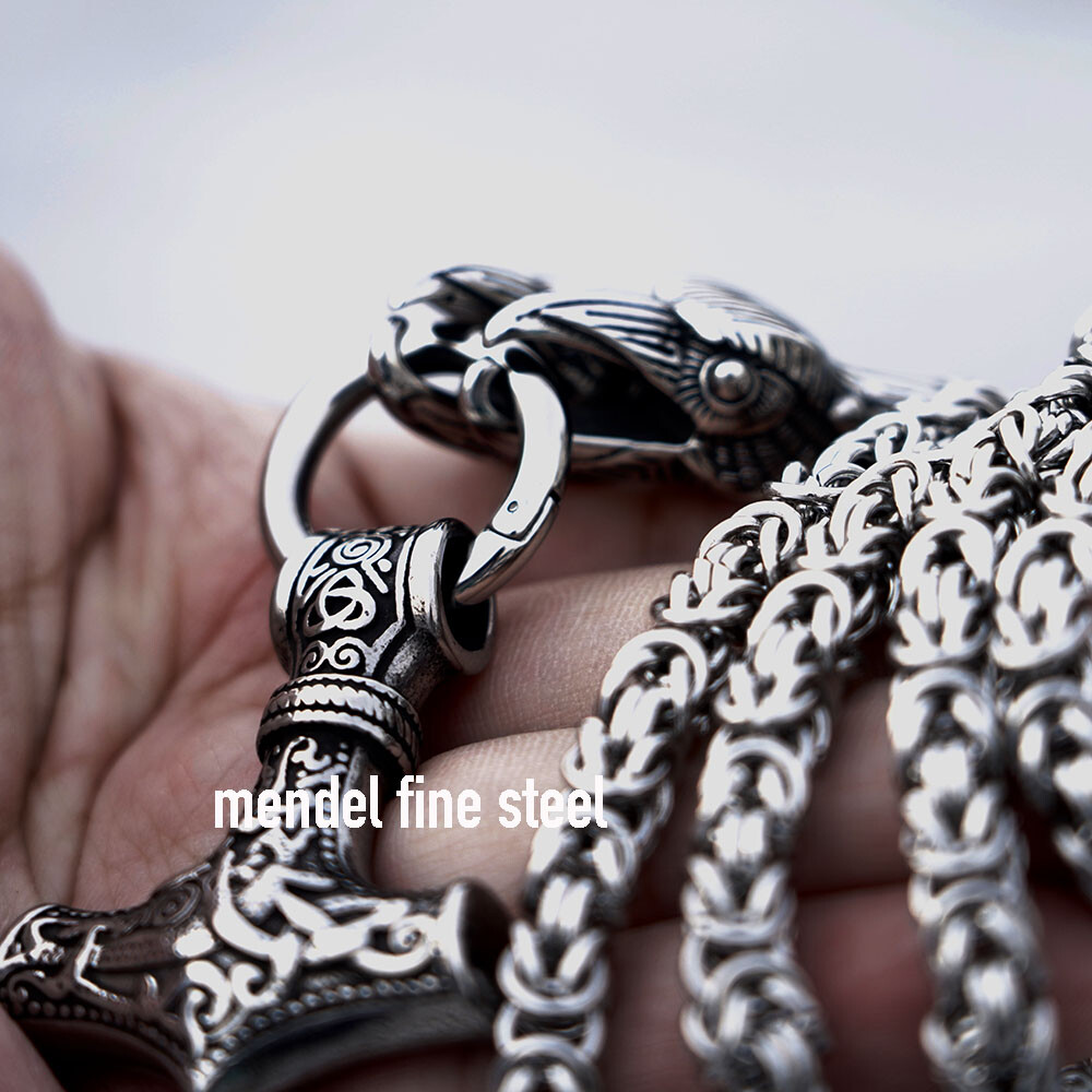 MENDEL Mens 30 Inch Large Big Viking Thors Raven Mjolnir Pendant Necklace Chain