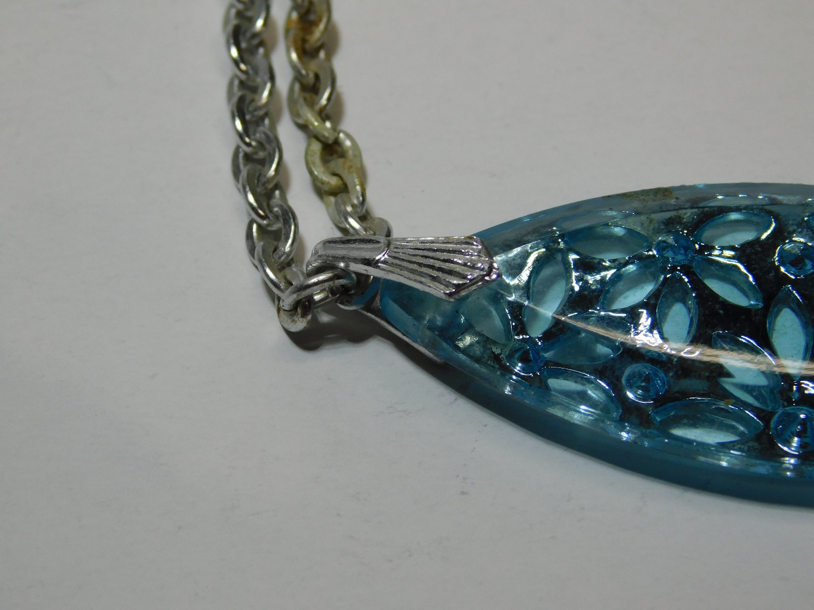 Vintage Silver Tone With Light Blue Stone 22″ Stamped “Germany” Pendant Necklace