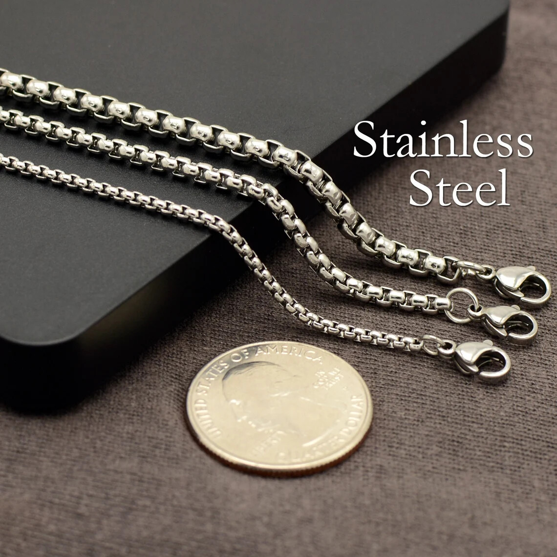 Rounded box chain stainless steel bracelet or necklace Venetian chain 7–34 inch