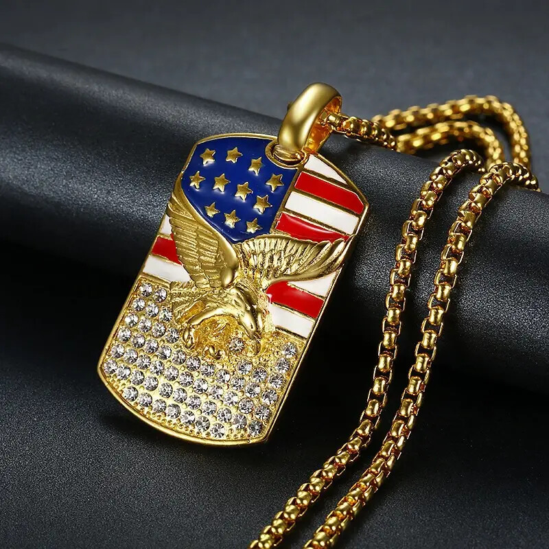 Stainless Steel American Eagle Dog Tag Pendant & 3mm 24″ Rolo Chain Necklace
