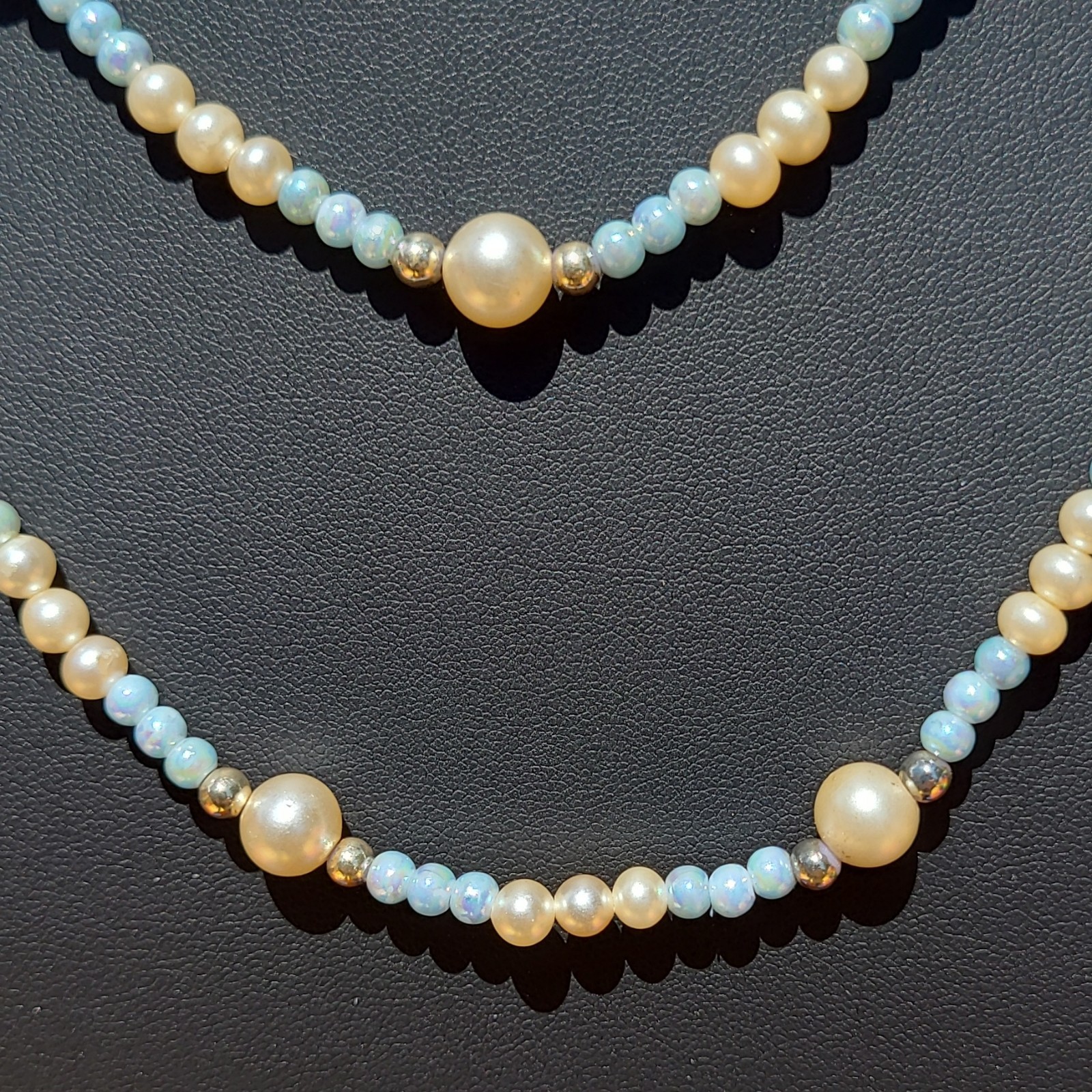 Layered Double Strand Blue Glass Bead Faux Pearl Necklace Gold Tone Spacers