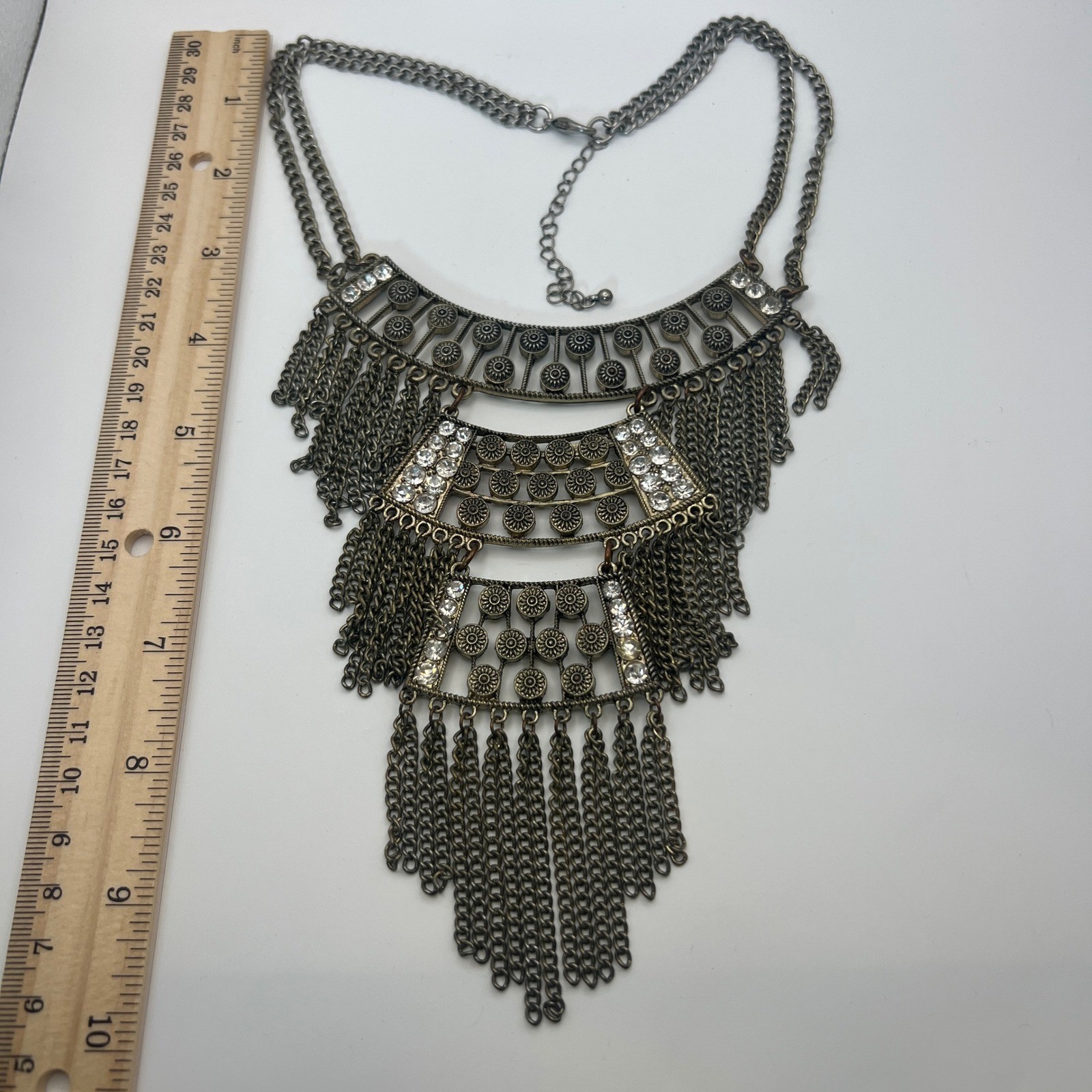 Boho Antique Gold Tone Fringe Bib Statement Necklace Clear Rhinestone Festival
