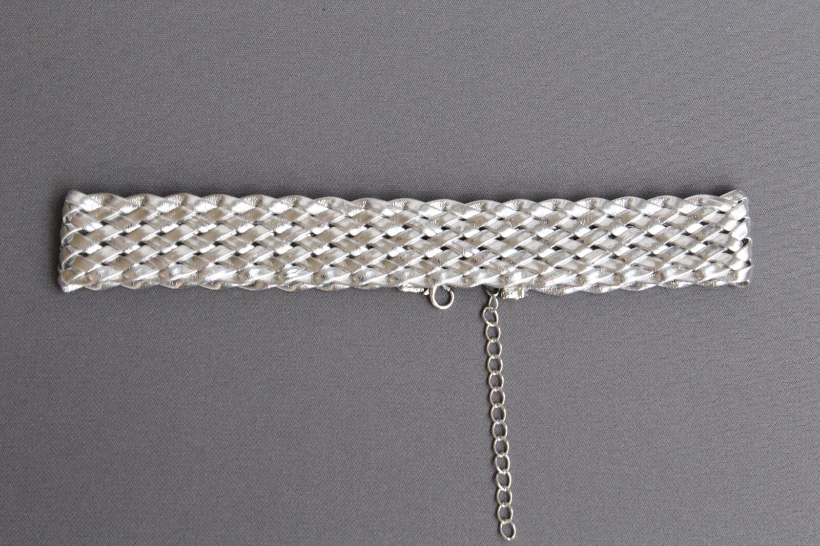 Silver faux leather choker woven necklace adjustable wide choker collar 13-15.5″