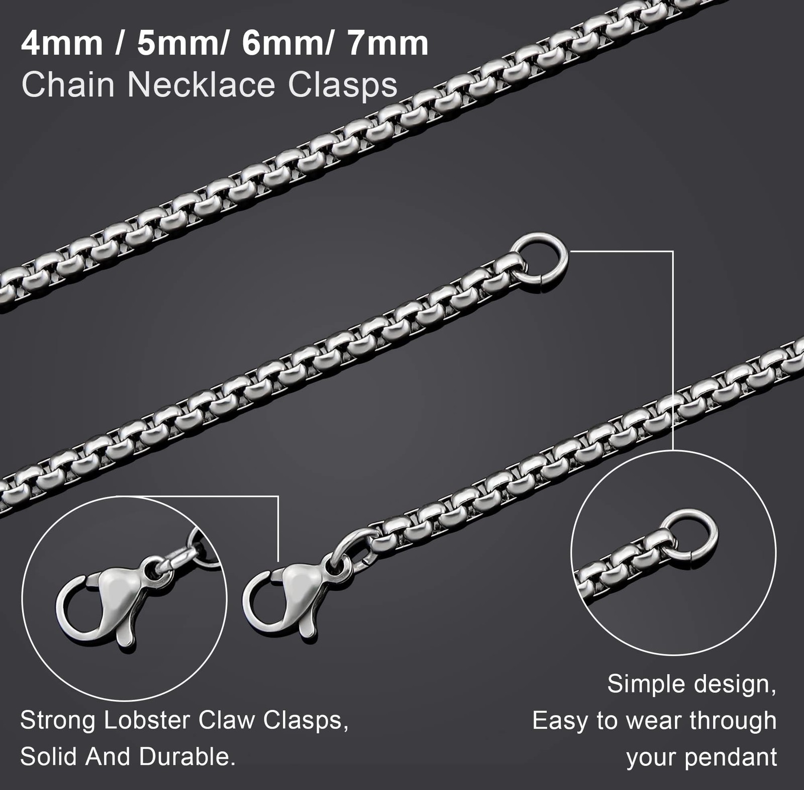 Stainless Steel Chain Necklace for Men 2.5MM Square Rolo Chains Round Box Cha…