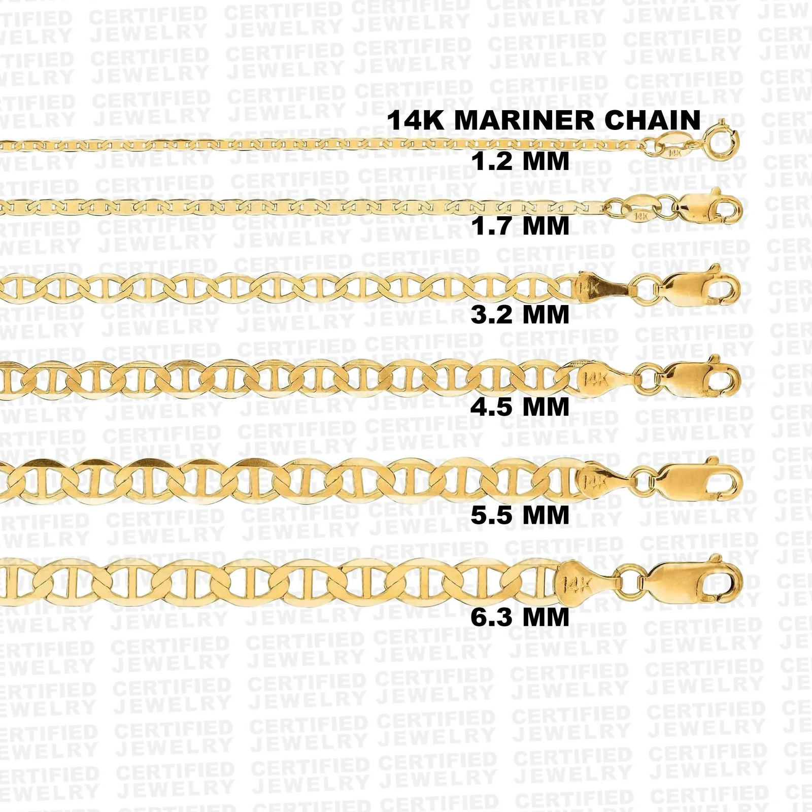 Solid 14K Yellow Gold Mariner Link Chain Necklace, 1.2mm To 6.3mm Wide