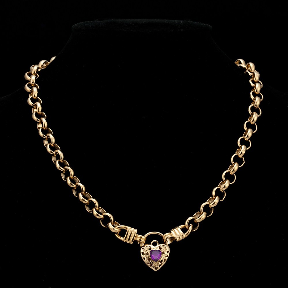 18K GL Thick Belcher Yellow Gold Necklace Filigree Heart Padlock Amethyst Purple