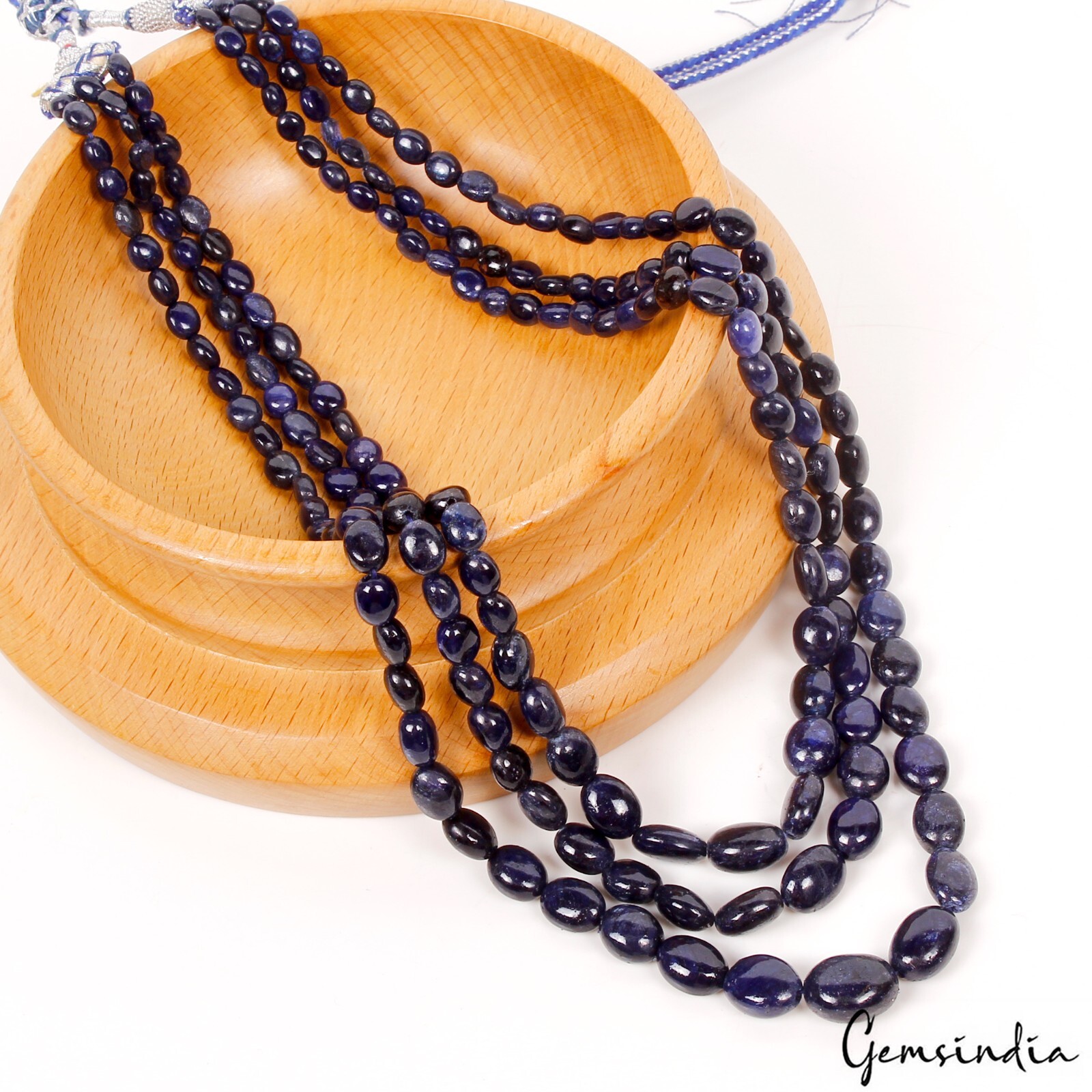 Natural Dark Blue Sapphire Oval Beaded 3 Strand Adjustable Necklace Jewelry 22″