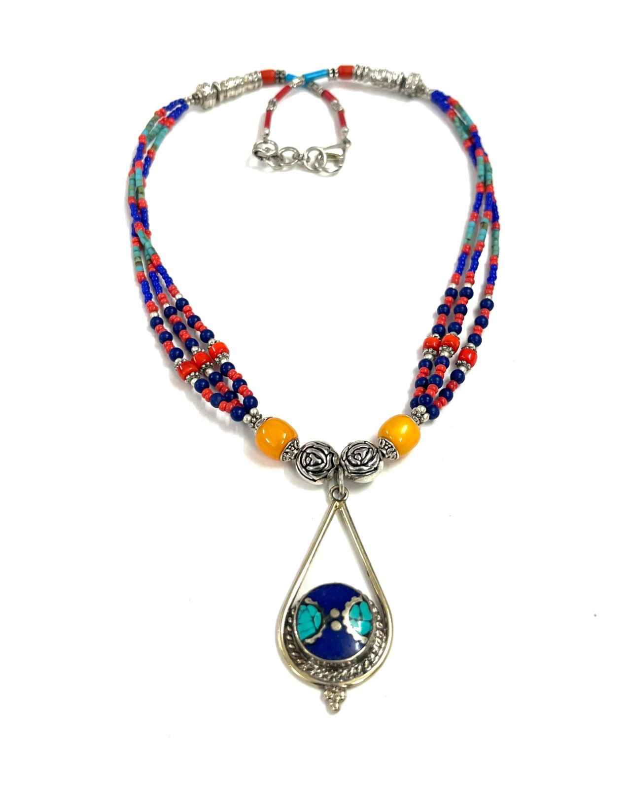 Vintage Lapis LAzuli Red Coral Gemstone Tibetan Necklace Jewelry, 18 Inch Adjust
