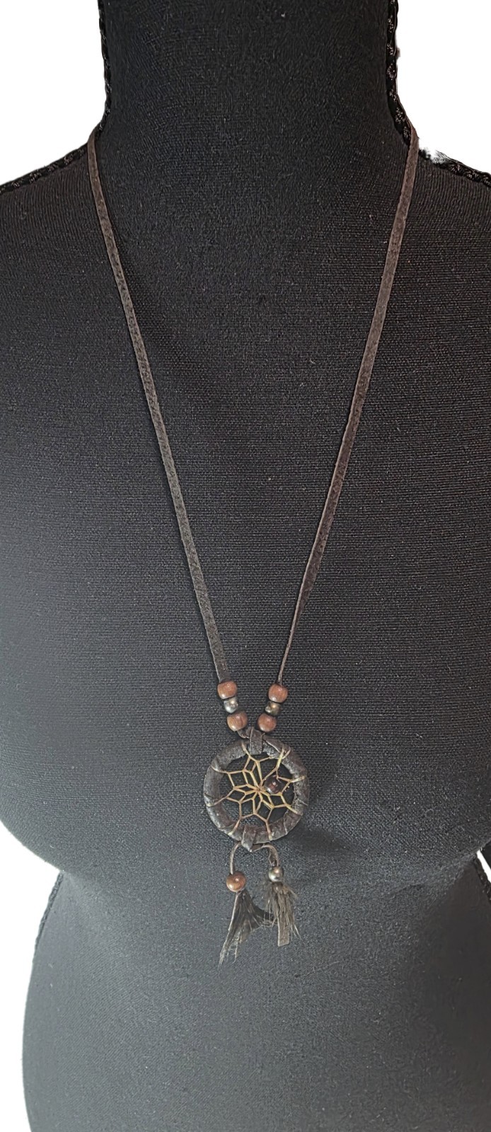Boho Tribal Dreamcatcher Charm Necklace Genuine Leather Adjustable 30in Retro